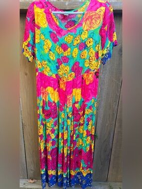 Vintage‎ Globe Trotter Rayon Vibrant Floral Maxi Dress Teal, Hot Pink & Yellow L